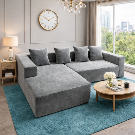 Canapea Colțar Gri Tip Chesterfield cu 4 Perne, 240x150x70 cm, A-151-4