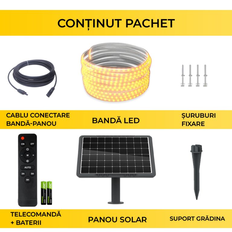 Kit Bandă LED Solară Alb Cald 10m cu Panou Monocristalin 100W, IP65, CLS-IL027