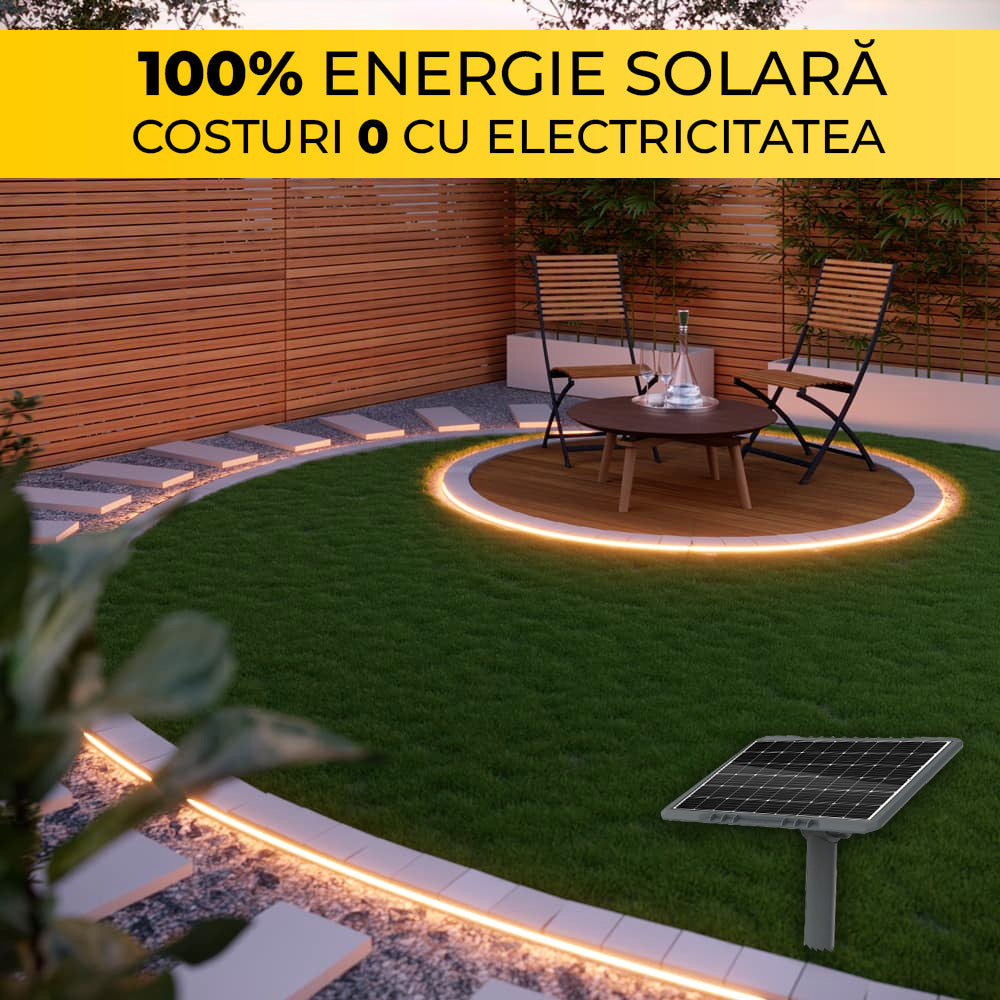 Kit Bandă LED Solară Alb Cald 20m cu Panou Monocristalin 200W și Telecomandă, CLS-IL028