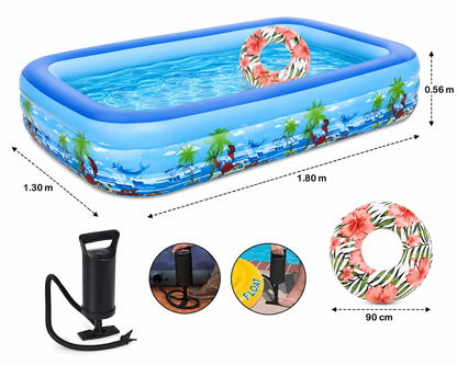 Set Piscină Gonflabilă 1.8 m + Pompă Manuală + Colac, pentru Familie