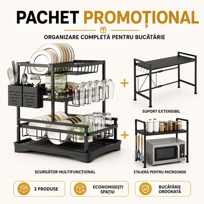 Pachet Organizare Bucătărie — Scurgător Vase și 2 Suporturi de Cuptor Microunde