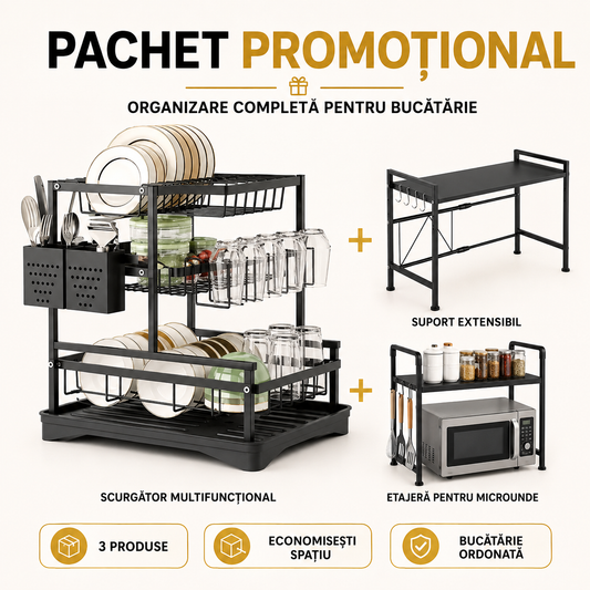 Pachet Organizare Bucătărie — Scurgător Vase și 2 Suporturi de Cuptor Microunde