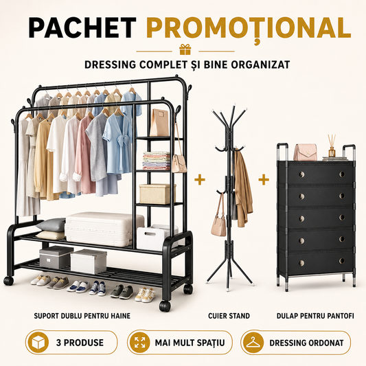 Pachet Dressing Dormitor — Suport Haine cu Roți, Cuier Pom și Dulap Pantofi