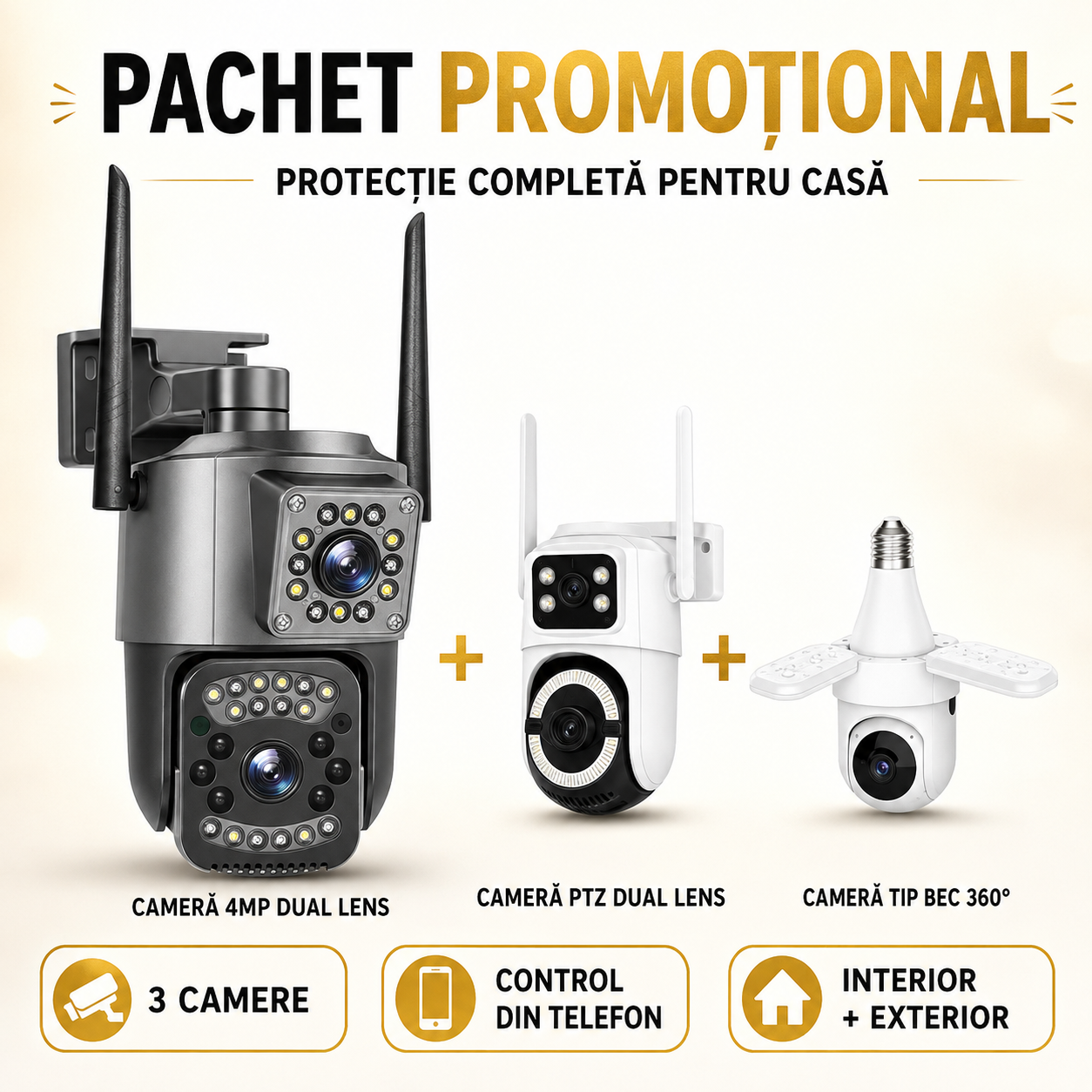Kit Supraveghere Casă Mare — 2 Camere Exterior PTZ și o Cameră Interior
