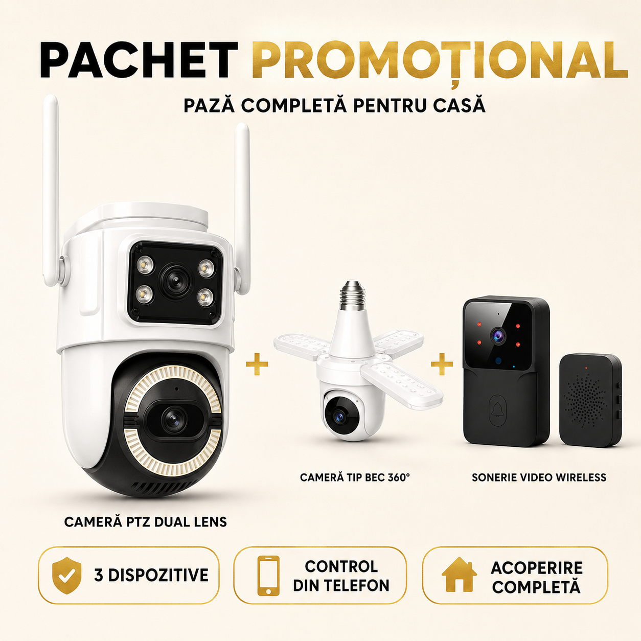 Kit Pază Casă Complet — Cameră Exterior, Cameră Interior și Sonerie cu Cameră