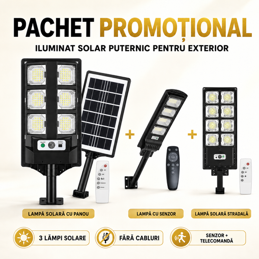 Pachet Iluminat Solar Stradal Puternic — 3 Lampi cu Senzor și Telecomandă