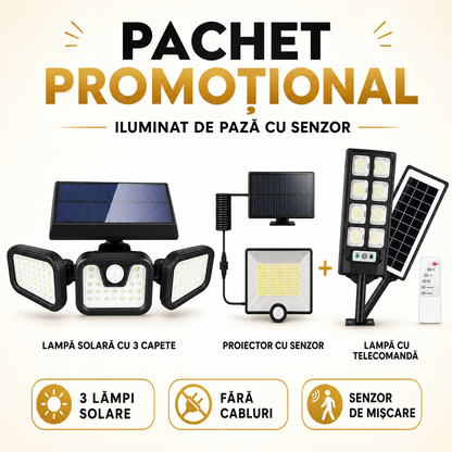 Pachet Iluminat Solar cu Senzor de Mișcare — 3 Lampi de Pază pentru Curte
