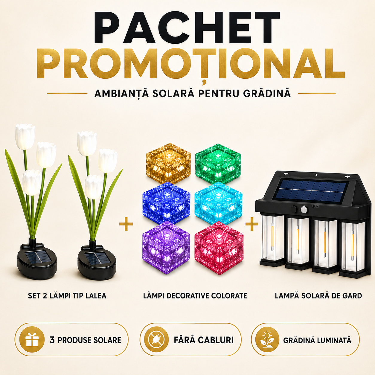 Pachet Iluminat Solar Grădină — Lalele, Lampă Alei și Lampă Gard, 3 Produse
