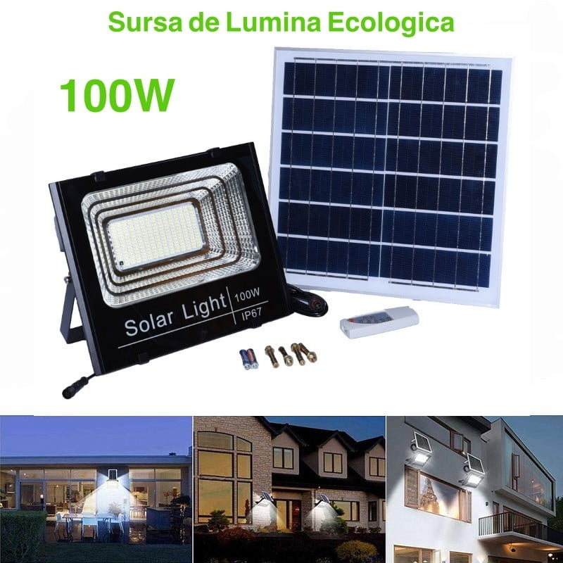Proiector Solar LED 100W cu Panou Separat, Telecomandă și Protecție IP67, Q-18D037