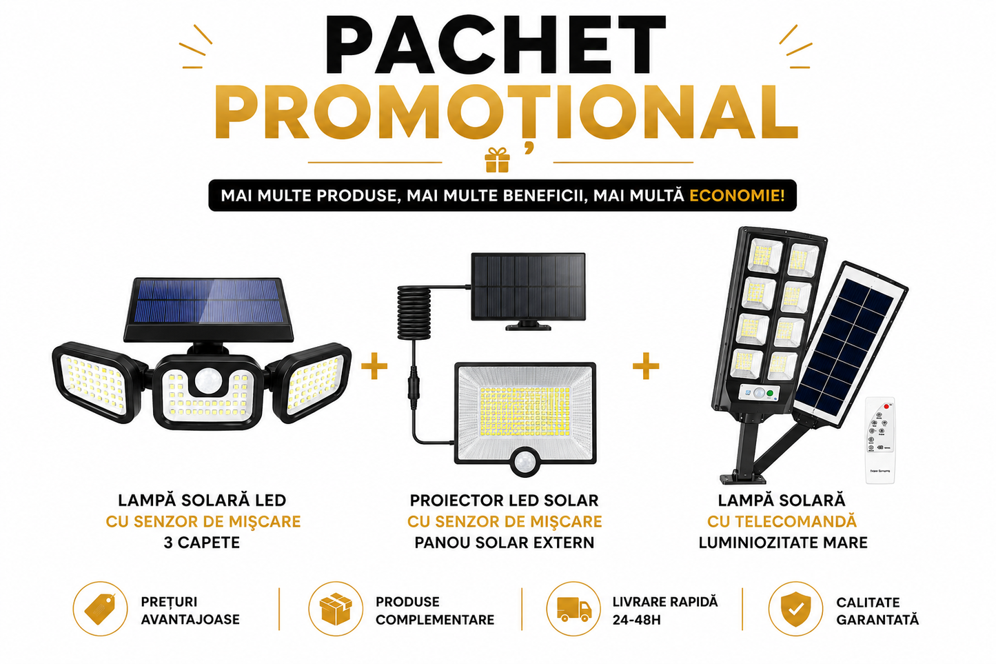 Pachet Iluminat Solar cu Senzor de Mișcare — 3 Lampi de Pază pentru Curte