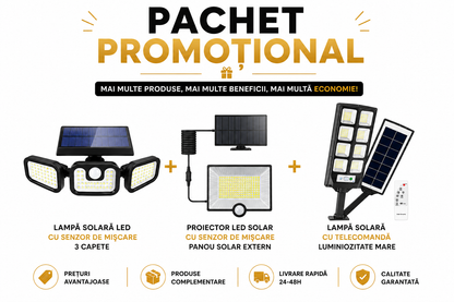 Pachet Iluminat Solar cu Senzor de Mișcare — 3 Lampi de Pază pentru Curte