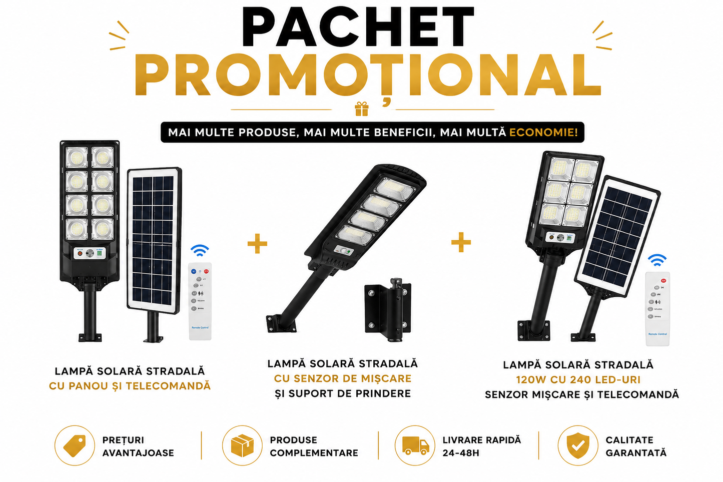 Pachet Iluminat Solar Stradal Puternic — 3 Lampi cu Senzor și Telecomandă