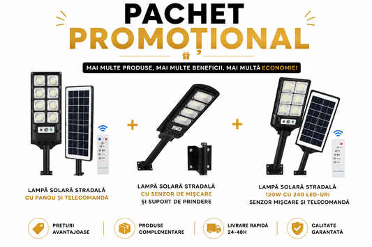 Pachet Iluminat Solar Stradal Puternic — 3 Lampi cu Senzor și Telecomandă