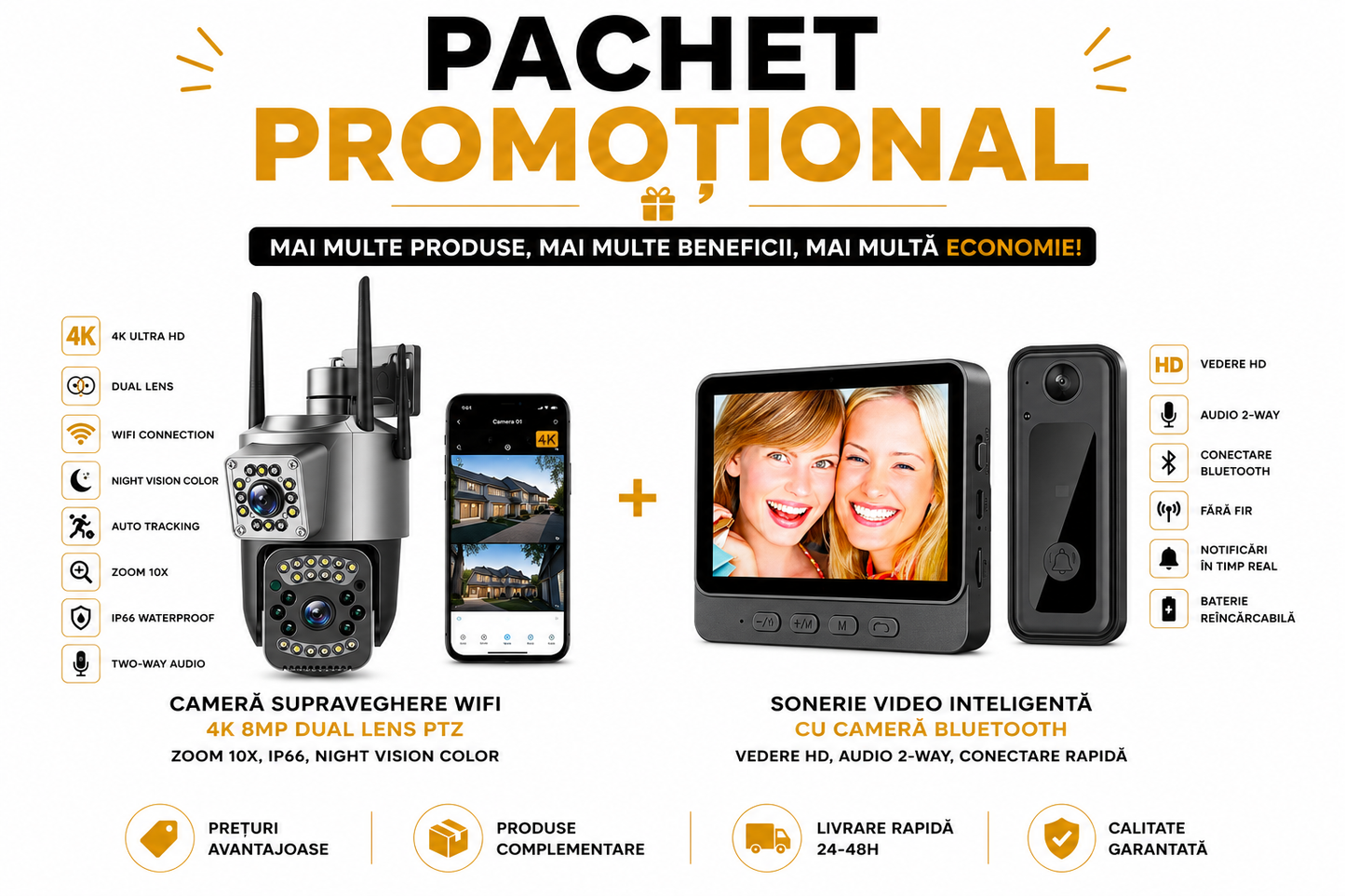 Kit Intrare Sigură — Sonerie Video cu Cameră și Cameră Exterior PTZ 6MP