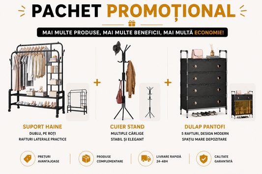 Pachet Dressing Dormitor — Suport Haine cu Roți, Cuier Pom și Dulap Pantofi