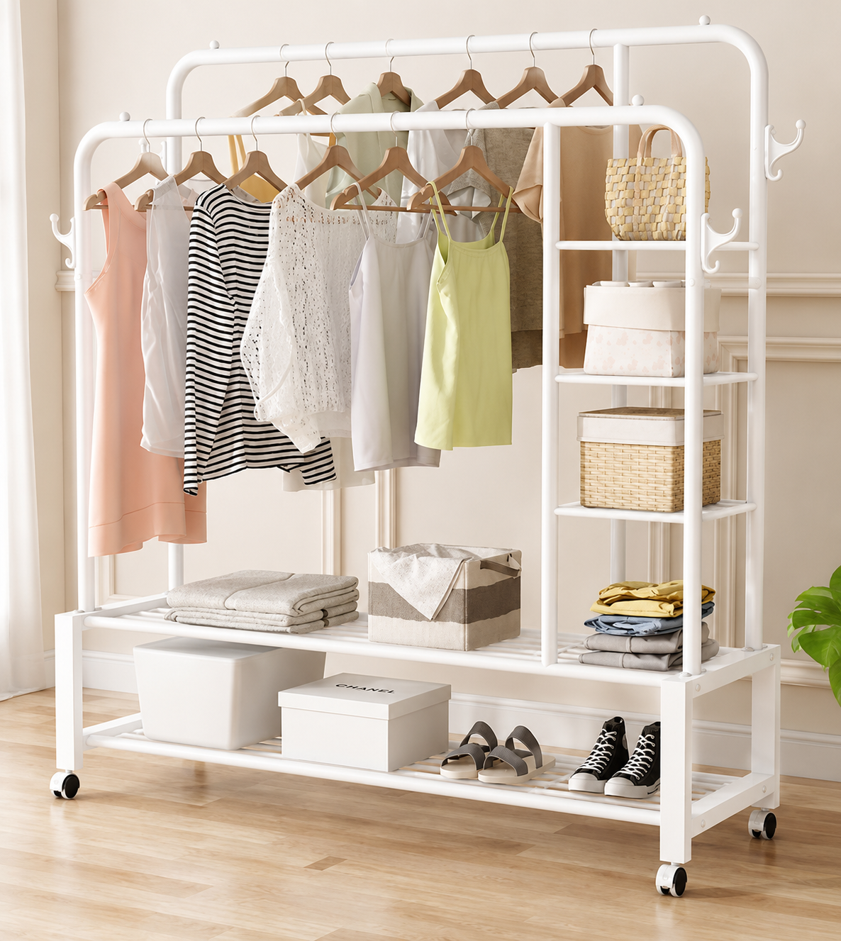 Cuier Dublu Premium cu Rafturi și Roți, Organizator Haine și Încălțăminte 120x49x160 cm - imaginea 2