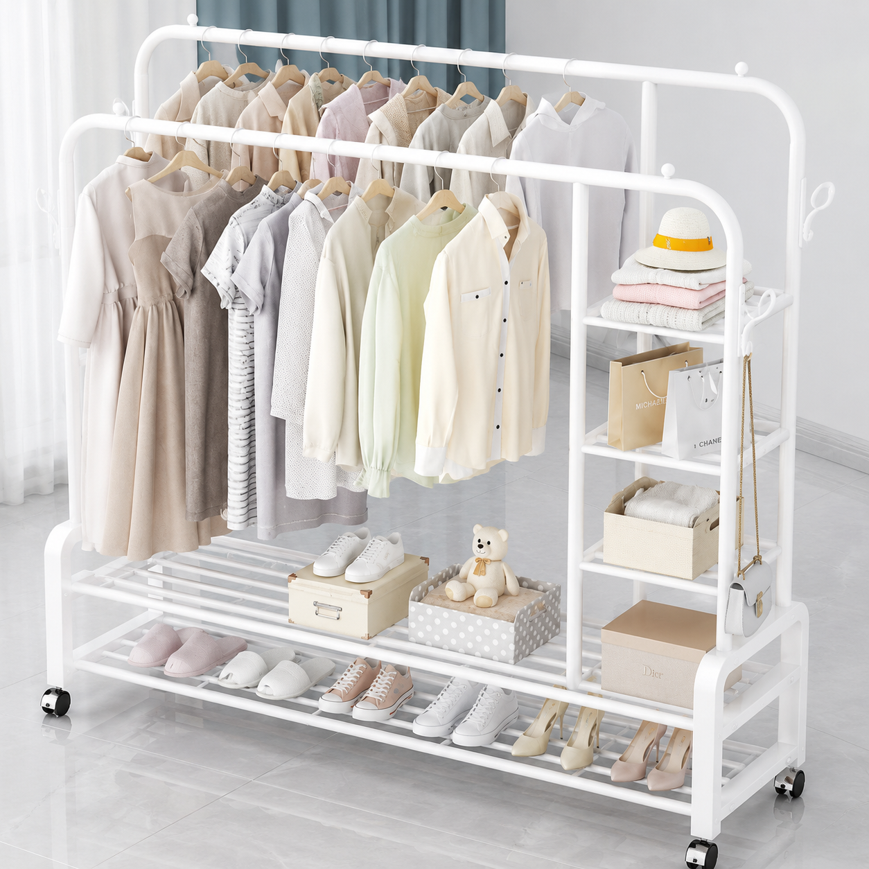 Cuier Dublu Premium cu Rafturi și Roți, Organizator Haine și Încălțăminte 120x49x160 cm
