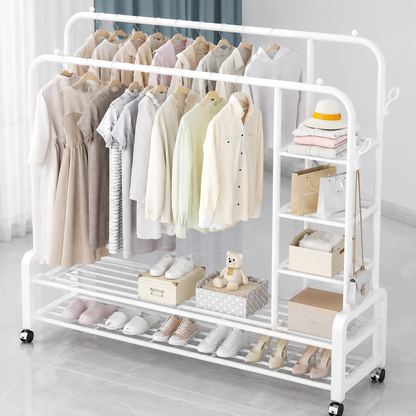 Cuier Dublu Premium cu Rafturi și Roți, Organizator Haine și Încălțăminte 120x49x160 cm