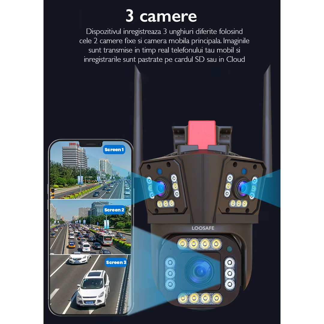 Camera de Supraveghere Tripla WIFI 12MP Ultra HD — Control și Siguranță Zi de Zi