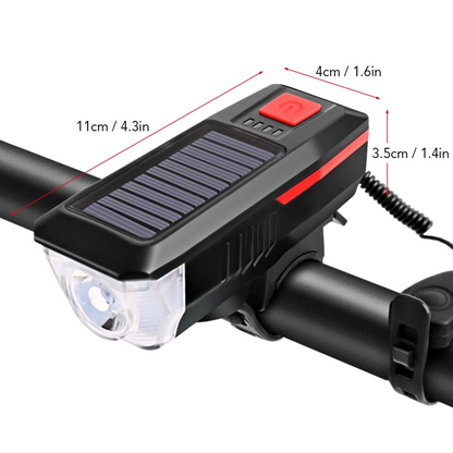 Far LED cu incarcare solara si claxon pentru bicicleta/trotineta — Confort și Siguranță la Drum