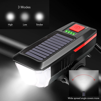 Far LED cu incarcare solara si claxon pentru bicicleta/trotineta — Confort și Siguranță la Drum