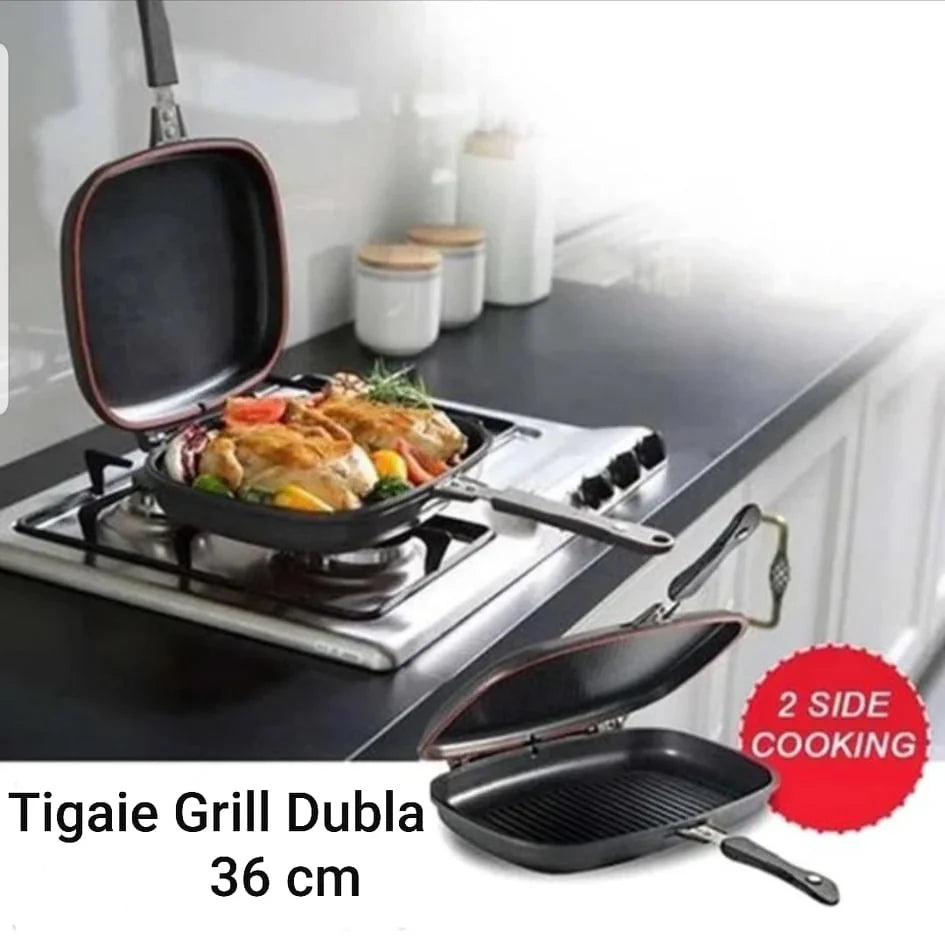 Tigaie Dublă Grill Dessini 36 cm cu Interior Antiaderent și Garnitură Silicon, A-127-35
