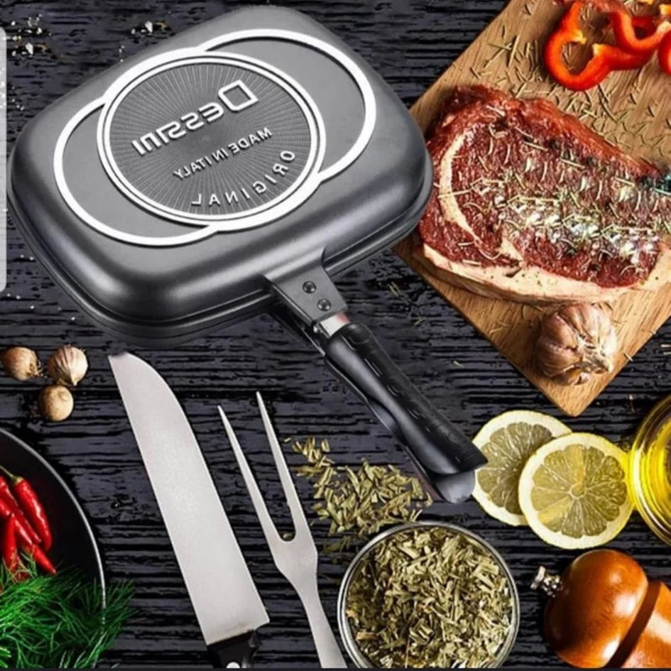 Tigaie Dublă Grill Dessini 36 cm cu Interior Antiaderent și Garnitură Silicon, A-127-35