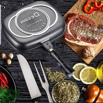 Tigaie Dublă Grill Dessini 36 cm cu Interior Antiaderent și Garnitură Silicon, A-127-35